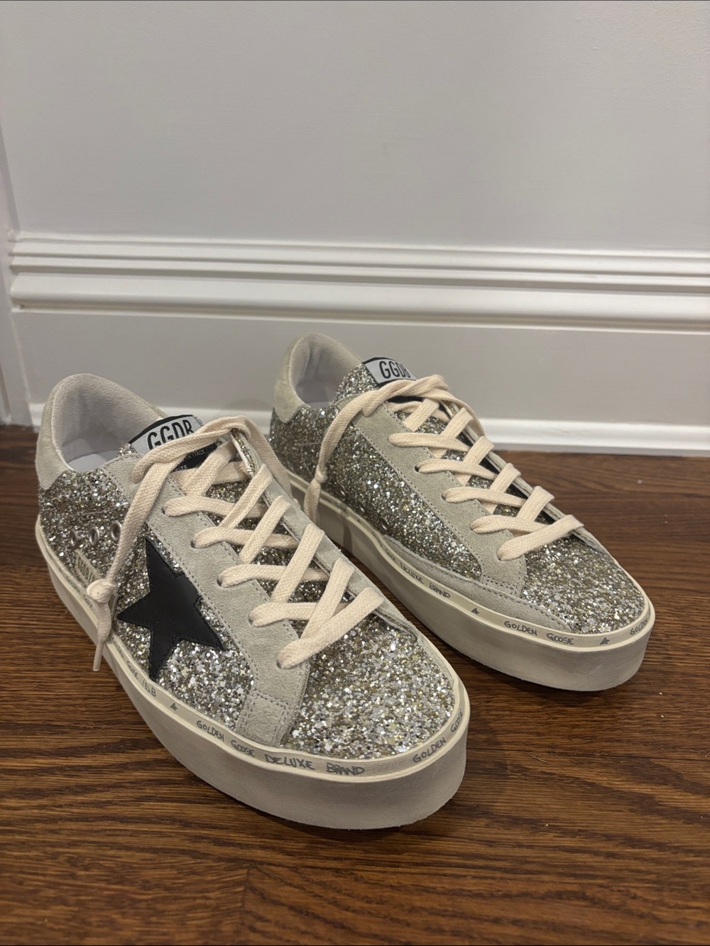 Golden Goose Hi Star Silver Glitter Black Star Sneakers